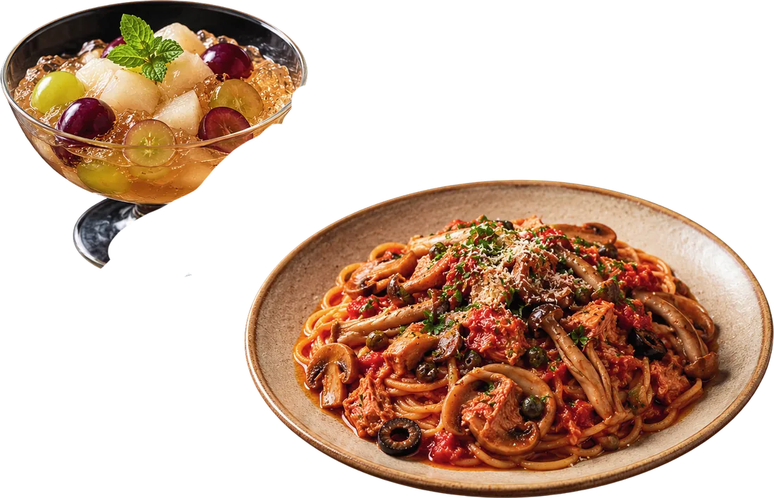 トマトソースのパスタとゼリー